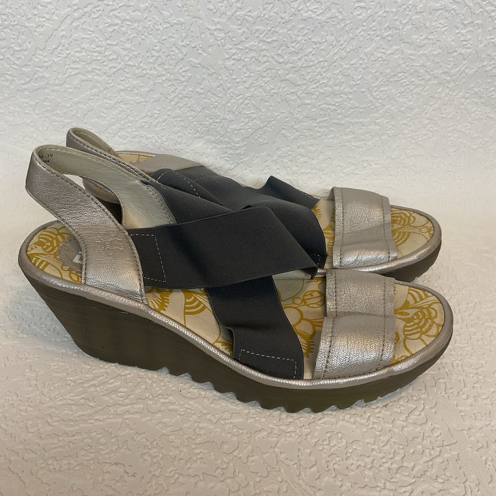 Fly London Yayi Bognona Cross Band‎ Rale Wedges Silver Black Size 39 US 8.5